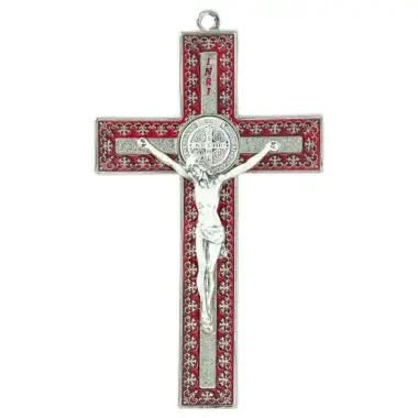 Croix St Benoît - 12 cm - Métal argenté émail rouge