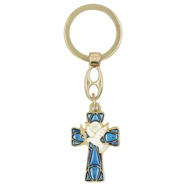 Sleutelhanger Met verguld Kruis Duif Email blauw - wit