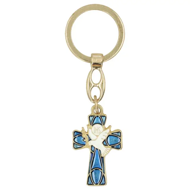 Sleutelhanger Met verguld Kruis Duif Email blauw - wit