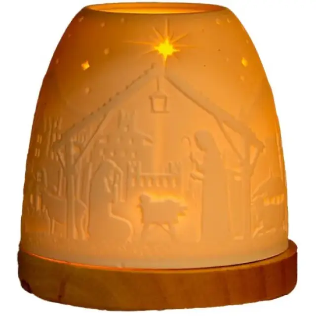 Porselein Kerstmis theelichthouder met hout voet Kerststal
