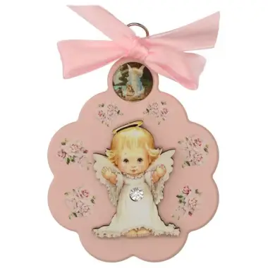 Kader / Wieg - Bloem / OLV biddend - 7 X 9 cm - Roze