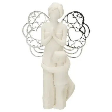 Hars engel met metalen vleugels en jongen 7,5 x 12 cm