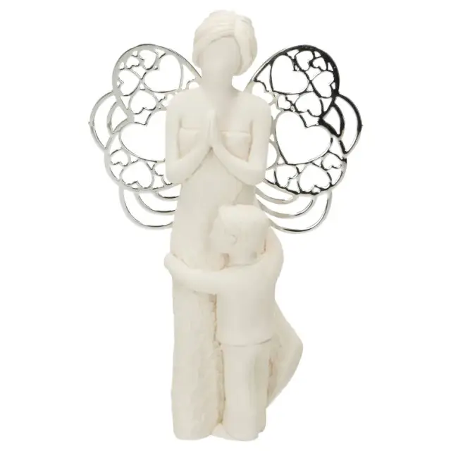 Hars engel met metalen vleugels en jongen 7,5 x 12 cm