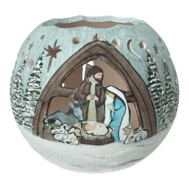 Keramische windlicht Kerststal 12 Cm blauw