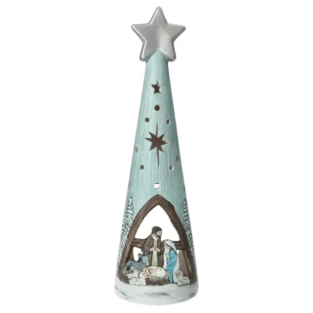 Keramische kerstboom met kerststal, 28 cm, blauw